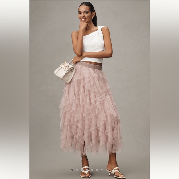 NWT Anthropologie Tulle Ruffled Skirt Pink Blush Rose Size Large - Picture 1 of 11